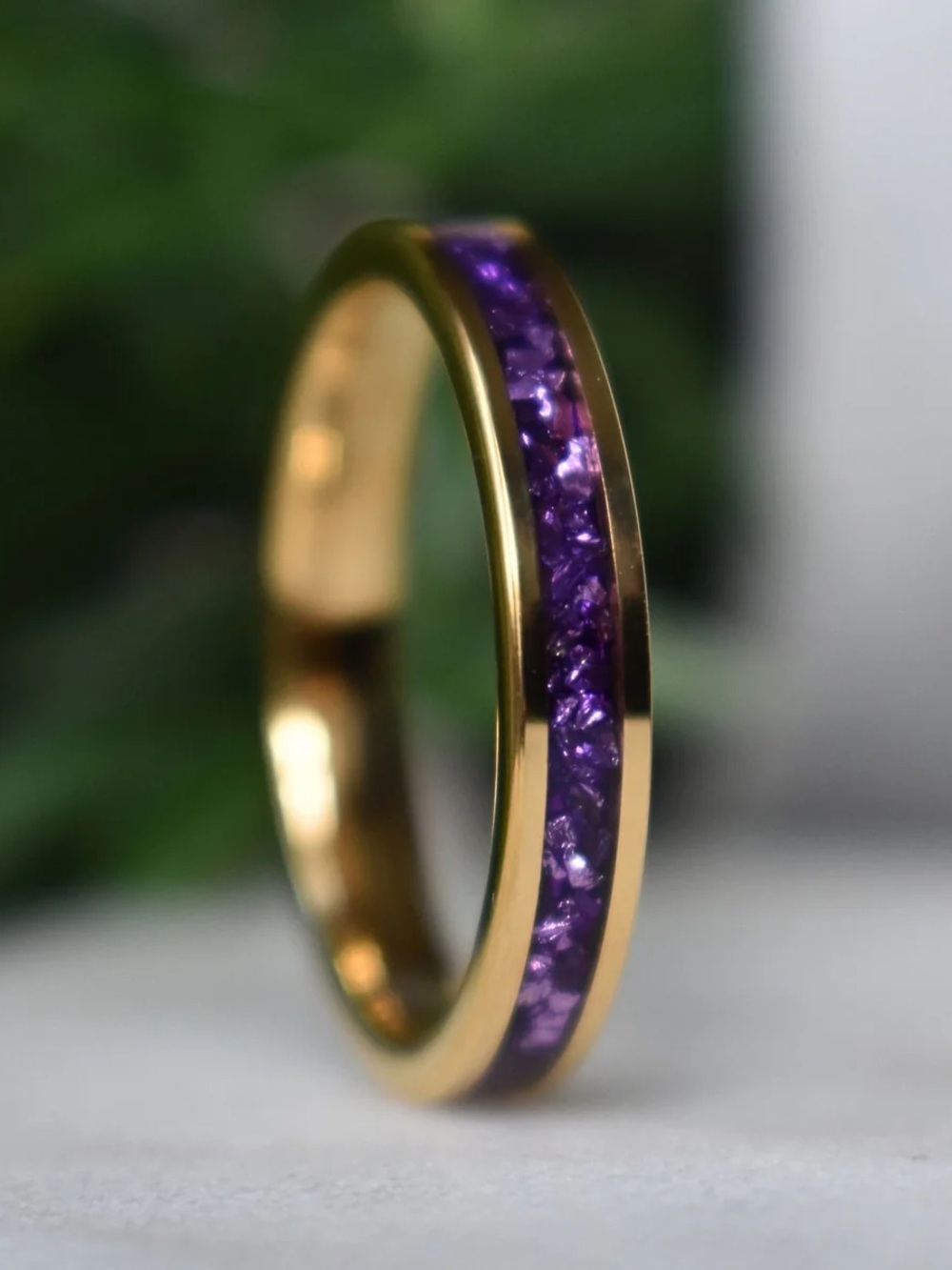 Tungsten 4mm Gold Ring with Amethyst Inlay